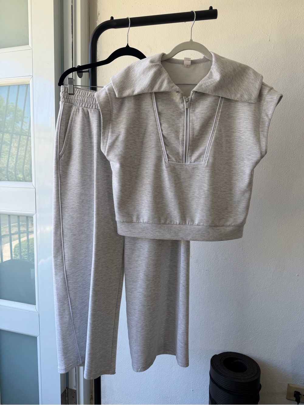 Yogalicious Light Heather Gray Cropped Half-Zip Top & Wide-Leg Track Pants